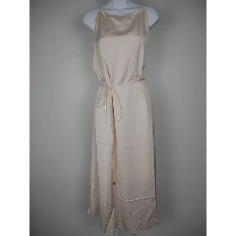 INC Women's Satin Crepe High Halter Neckline Waist Tie Midi Dress Size 16 - Picture 2 of 13